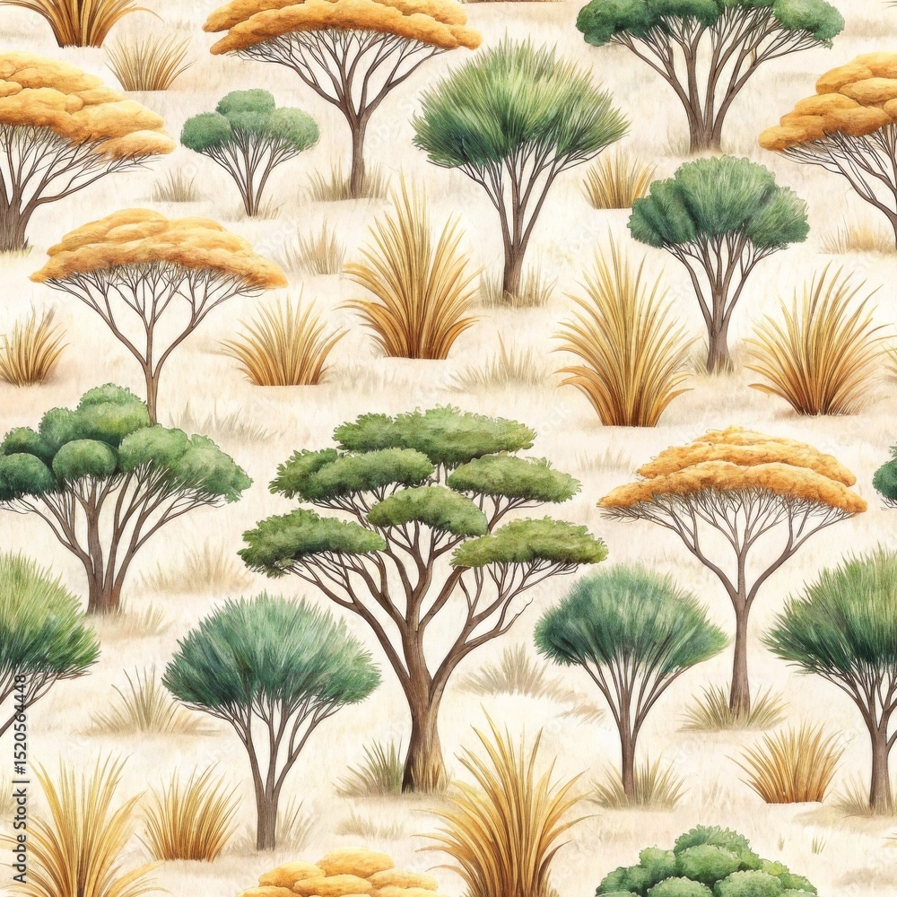 Poster hand drawn safari pattern concept. seamless pattern of stylized trees and grass in earthy tones.