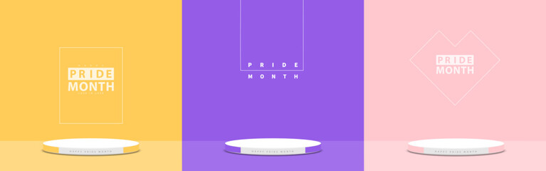 Set of Yellow, Purple, Pink scene background with 3d stage podium minimal style. Pedestal with for Pride Month product display on pastel color backdrop. Vector illustration.