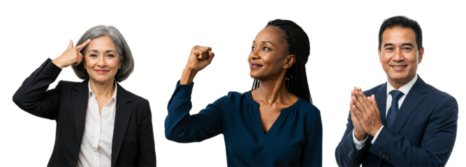 Diverse group of professionals expressing success and ideas. Mature Asian businesswoman thinking, Black woman showing strength, South Asian businessman applauding. Multicultural team concept.