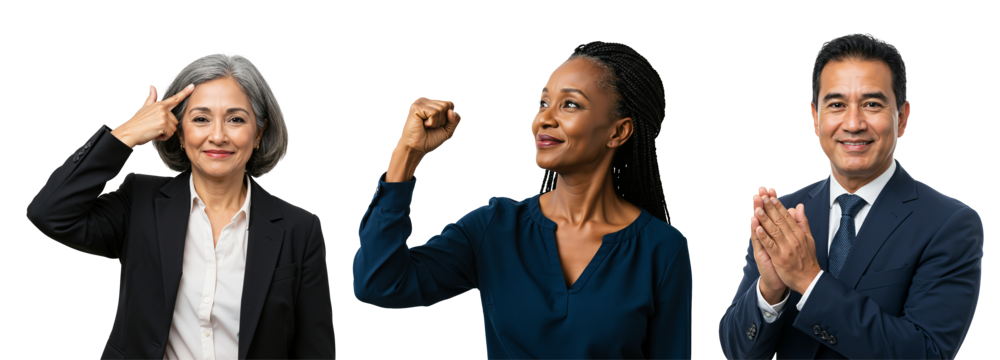 Diverse group of professionals expressing success and ideas. Mature Asian businesswoman thinking, Black woman showing strength, South Asian businessman applauding. Multicultural team concept.