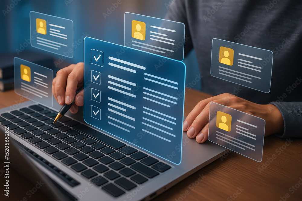 Poster a person uses a laptop to manage digital tasks, with a checklist and user profiles displayed on the 