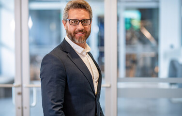 Success of entrepreneur. Office manager at business break. Successful businessman in office. Professional business man wear suit. Business boss portrait of man. Successful business, copy space