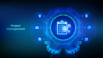 Project management icon in wireframe hands. Effective time planning technology concept. Project development. Business target. Company strategy. Vector illustration.