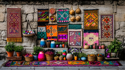 Fototapeta premium Colorful Artisan Textiles Display On Stone Wall