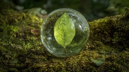 Green leaf encased in a glass sphere resting on moss.