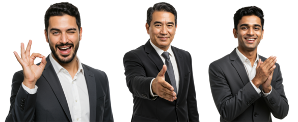 Collage of three diverse businessmen in suits. One winks making an OK sign, another offers a handshake, and the third claps enthusiastically, all on a transparent background.