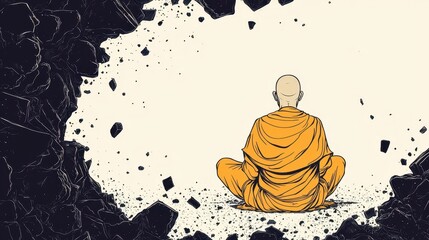 Peaceful cartoon monk surrounded by chaos, emotional contrast, centerleft space blank