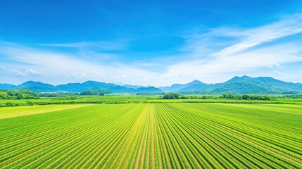 Green agriculture field landscape with mountains sky. Rural farmland with rows of crops and open nature. Countryside scenery, panoramic background, vibrant summer, ideal for farming, ecology, and