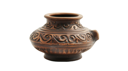 Byzantine ceramic oil lamp with decorative carvings, Transparent background, PNG file