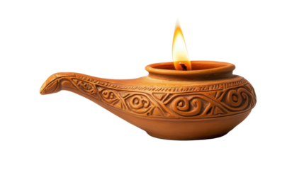 Byzantine ceramic oil lamp with decorative carvings, Transparent background, PNG file