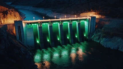 Dramatic view of a hydroelectric dam illuminated with green lights at night