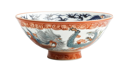Chinese porcelain bowl with phoenix and dragon, Transparent background, PNG file