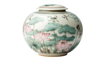 Chinese porcelain pot with lotus flower painting Transparent background, PNG file