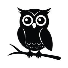 Owl with Big Eyes Perched on Branch Silhouette Icon Vector Illustration