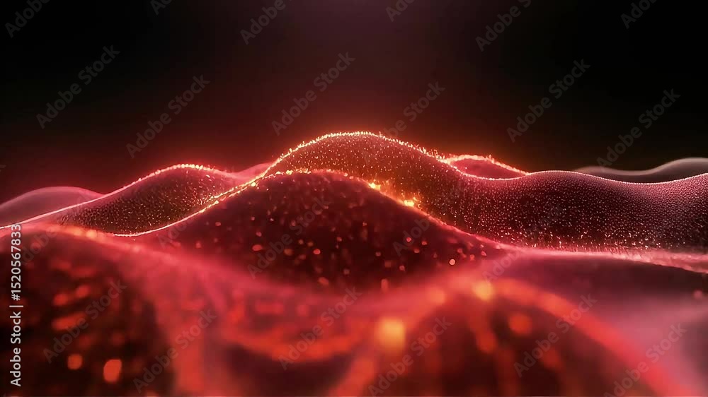 Poster crimson particle waves: abstract animated landscape