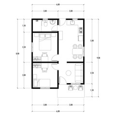 Black and White floor plan of a modern unfurnished house for your design. Suburban house blueprint. Architectural background.