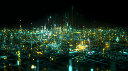 Abstract Futuristic Night Cityscape With Glowing Pixels