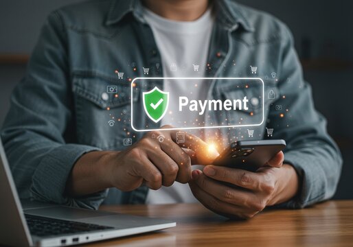 Secure online payment on smartphone by casual person at home, showing secure transaction process, global digital wallet payment, protecting money and finance data with innovative online technology