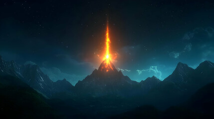 Fiery Mountain Peak Illuminated At Night