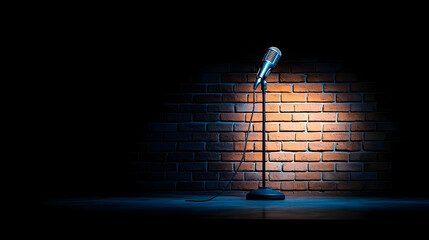 Microphone On Stage With Spotlight On Brick Wall