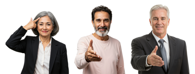 Diverse group of senior and middle-aged business professionals. Asian businesswoman thinking, two men offering handshakes for agreement or welcome. Isolated on transparent background.