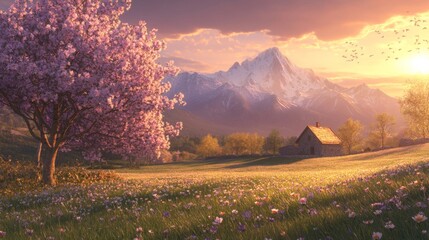Pink Blossom Tree in a Spring Meadow at Sunset