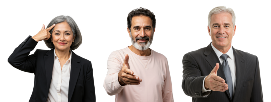 Diverse group of senior and middle-aged business professionals. Asian businesswoman thinking, two men offering handshakes for agreement or welcome. Isolated on transparent background.