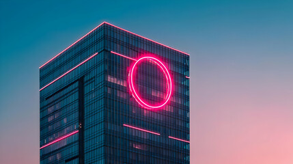 Modern Skyscraper With Pink Neon Circle At Twilight