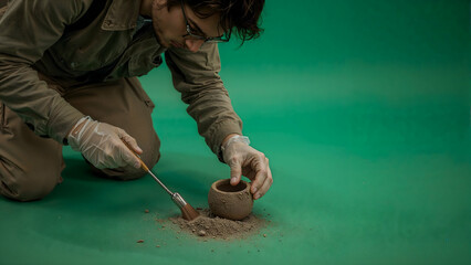 An archaeologist is carefully brushing an ancient artifact in a controlled environment, uncovering hidden history under delicate layers of dirt.