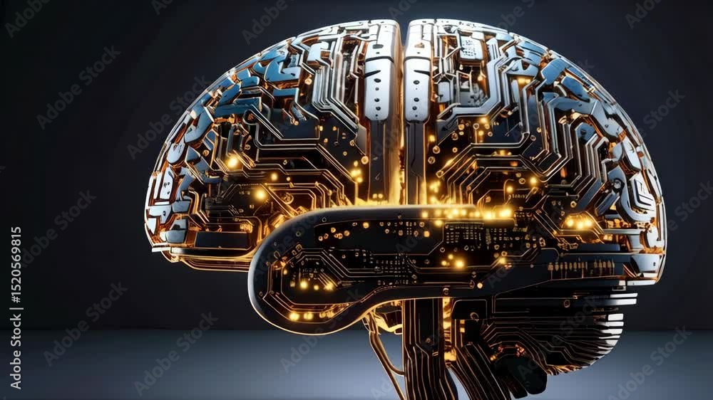 Poster anatomical brain representation with electronic circuit patterns and bright glowing nodes indicating