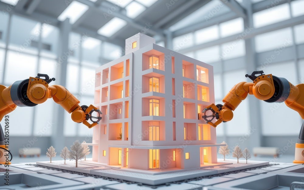 Poster robotic arms constructing a modern building model indoors.