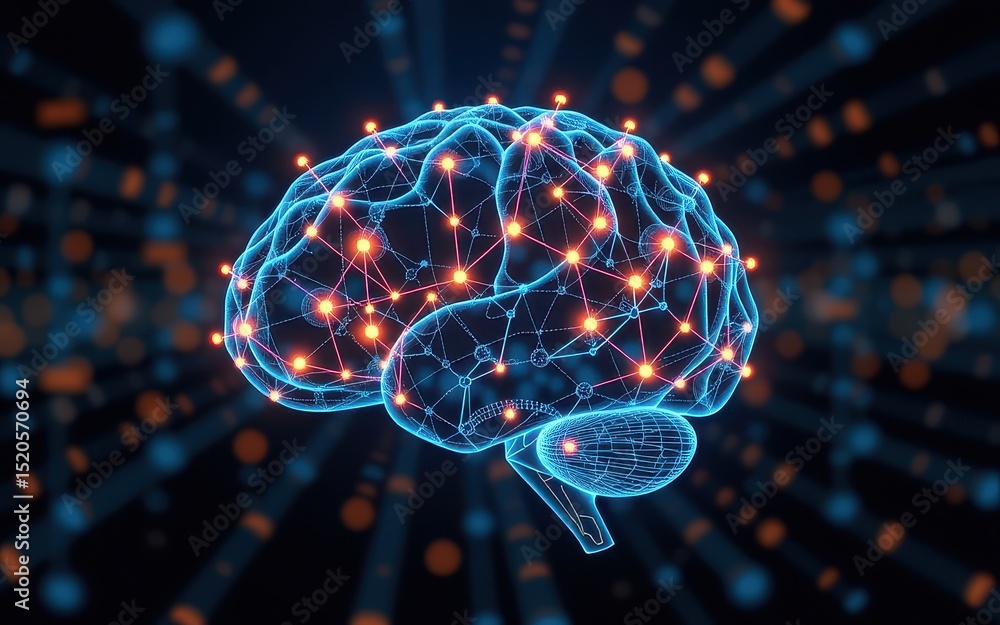 Poster digital brain illustration with neural connections and glowing nodes.