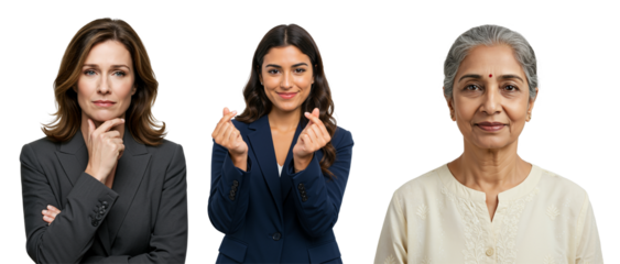 Portraits of Three Diverse Women: Confident Middle-Aged Caucasian Businesswoman, Cheerful Young Professional with Finger Heart, and Calm Elderly Indian Lady.