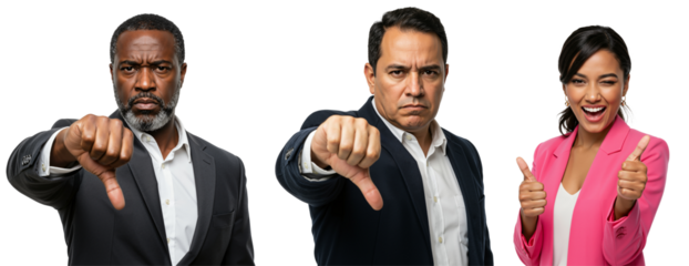 Diverse business professionals expressing contrasting opinions. Two men give thumbs down while a woman gives thumbs up, isolated on a transparent background.