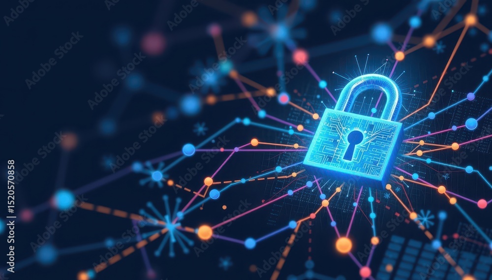 Poster digital padlock with network connections in a cyber security concept.