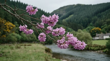 Obraz premium Pink flowers bloom along a riverside.