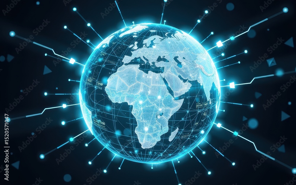 Poster modern digital globe with connections and data points.