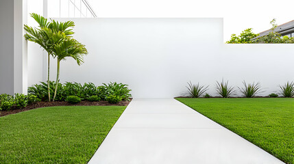 Modern Exterior Design With White Concrete Path and Lush Landscaping