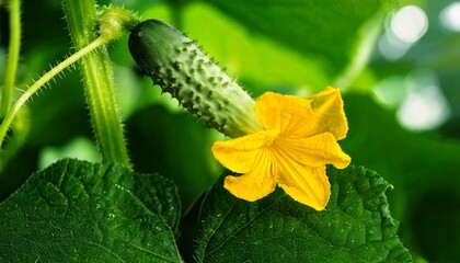 Young plant cucumber with yellow flowers. Juicy fresh cucumber close-up macro on a backgroun.jpg