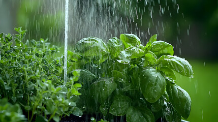 Fresh Herbs Being Watered In Garden