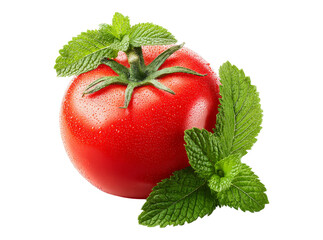 Fresh red tomato with mint leaves isolated on black background, On Transparent Background, Png