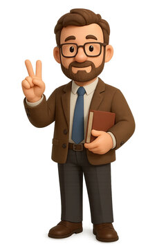A friendly 3D cartoon professor with a beard and glasses, in a brown jacket, holds a book and makes a peace or victory sign. Cool academic.