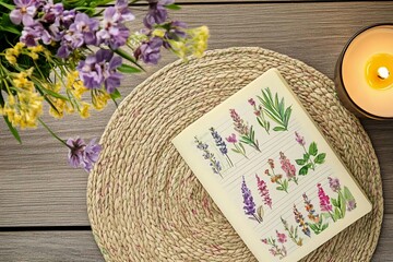 Beautiful Floral Sketches in Notebook on Rustic Table Setting