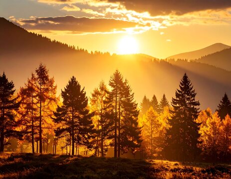 Golden sunset over a mountain forest