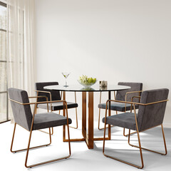 Angled view of dining room with round glass table and velvet chairs – PNG transparent background – 3D render	
