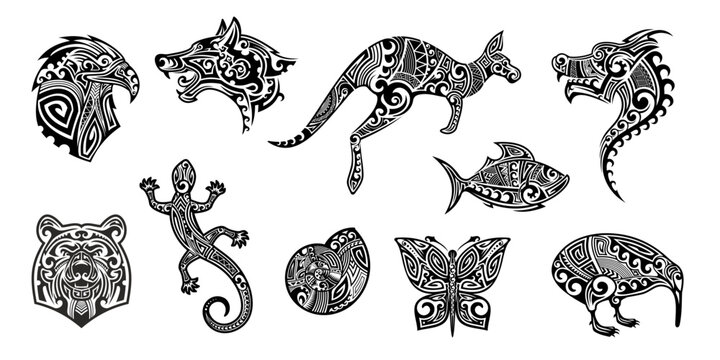 Maori tribal animal tattoo set of Polynesian or Hawaiian pattern ornament, vector art design. Abstract Maori tribal tattoo of totem wolf or eagle and kangaroo with lizard and dragon with butterfly