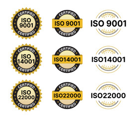 Fototapeta premium ISO Certification Badge Set – ISO 9001, ISO 14001, ISO 22000 Certified Stamps and Labels, Vector Line Style Icons