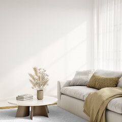 Modern beige sofa with throw and marble coffee table – transparent rug background – 3D render	
