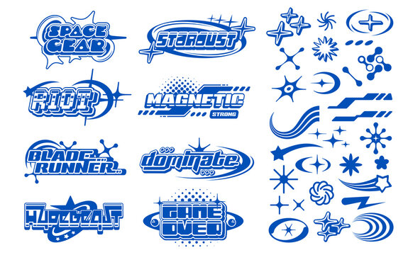 Y2k streetwear label icons and signs in bold blue color. Vector set of futuristic retro emblems with typography like game over, space gear, magnetic, riot and blade runner, stars, comets and glitch