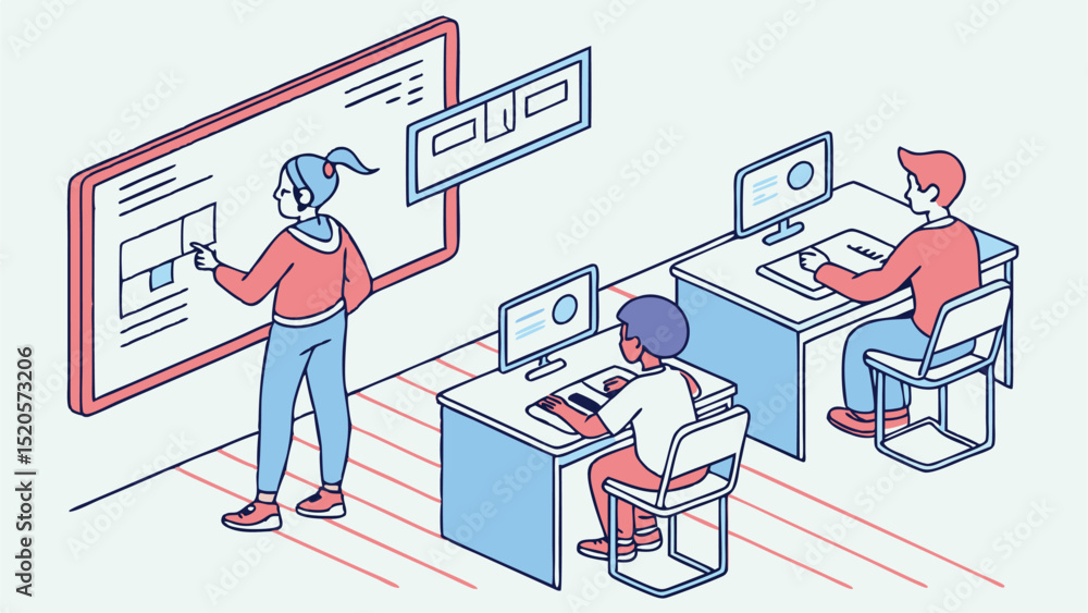Poster isometric illustration of a team collaborating on a website design project in a modern office space